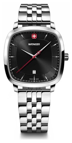 WENGER Vintage Classic | Swiss-Made Analog Men's Wrist Watch, Squircle Case, Black Dial, 37mm, 50M Water Resistant | Stainless Steel Strap | 01.1921.102