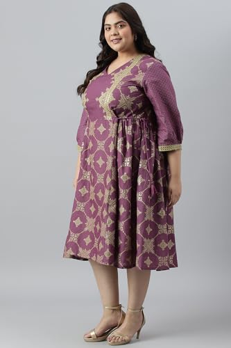 W for Woman Women's Cotton Plus Size Purple Festive Gathered Dress with Sequin Calf Length Orchid