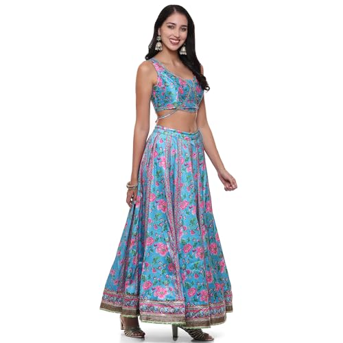 BIBA Womens Polyester Blend Printed Straight Polyester Blend Lehenga Set(Skdassorted9040_Turquoise_Xl) Readymade Turquoise Xl