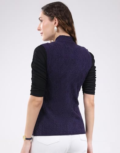 Monte Carlo Women's Regular Fit Self Design V Neck Sleeveless Cardigan| Warm Woolen Buttoned Sweater for Ladies | Stylish Knitted Cardigan for Women's Purple M