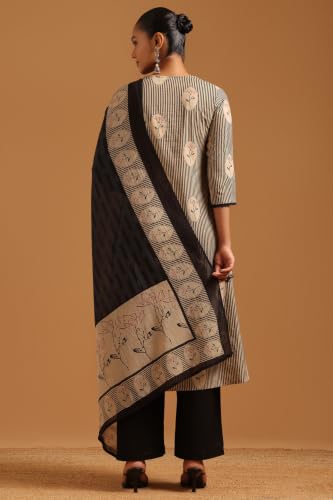 Soch Womens Black Cotton Digital Printed Stripes Machine Weave Block Print Salwar Suit