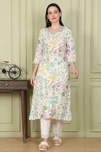 White Floral and Bird Printed Straight Kurta with Scalloped Neckline_24AUSTW10592-121987_XS