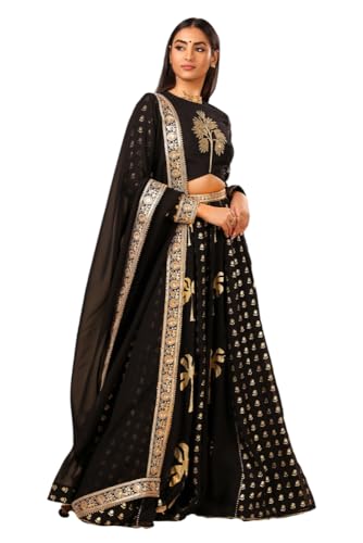 JIHU CULTURE Women's Black Georgette Emboidered Lehenga Choli With Dupatta