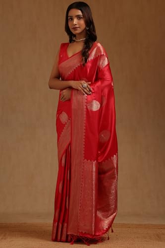 Soch Womens Red Satin Zari Woven Saree