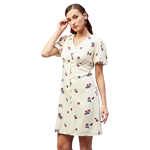 Carlton London Women's Rayon A-Line Above The Knee Dress (CL704_Cream_XL)