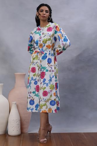 W Women White Floral Print Cotton Straight Dress_24FEW11363-810664_XS