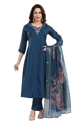 DARIKA Women's Navy Blue Embroidered Kurta Pant Dupatta Set | Floral Printed Organza Dupatta | Ethnic Suit Set for Women & Traditional Dress