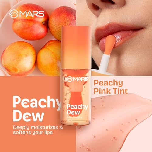 MARS Color Changing Lip Oil (4.5 ml) (04-PEACHY DEW) With Fat Applicator | Skin Nourishing Ingredients - Olive Fruit Oil, Jojoba Oil | Hydrating & Moisturising