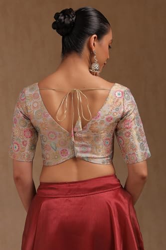 Soch Womens Grey Tussar Floral Print Padded Blouse with Zari Woven