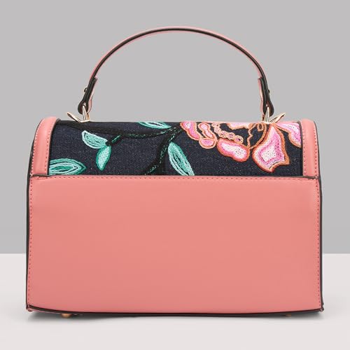 Caprese Elsa Medium Sling Bag for Women with Adjustable & Detachable Strap | Embroidered & Solid Faux Leather Crossbody Purse | Multi-Compartment Handheld Bag for Special Occasions (Cosmetic Pink)