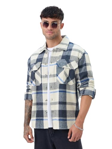 The Souled Store Plaid: Cream, Blue, Grey Men and Boys Full Sleeves Spread Collar Cotton Twill Warm Durable Heavy Winter Oversized Shackets