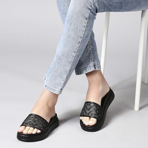KENNETH COLE Women's Flatform Slide Sandal | Synthetic | Woven Strap, Open Toe | Black, UK7