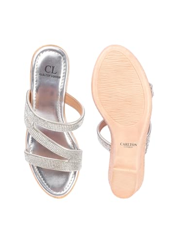 Carlton London Women Silver Comfortable Embellished Ethnic Sandal with Wedge Heels, Round Toe for Casual Use, Office and Daily Use (40)