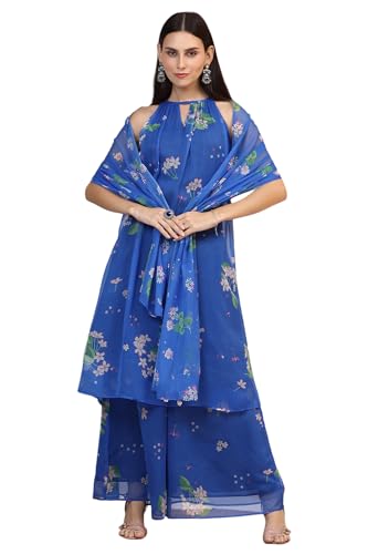 W for Woman Blue Floral Printed Halter Neck Chiffon Kurta with Flared Pants and Dupatta Set (Size: L)-WS12494-125435