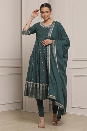 Biba Women's Cotton Kurta Set (SKDNOR30863AW25TEL_Teal Green