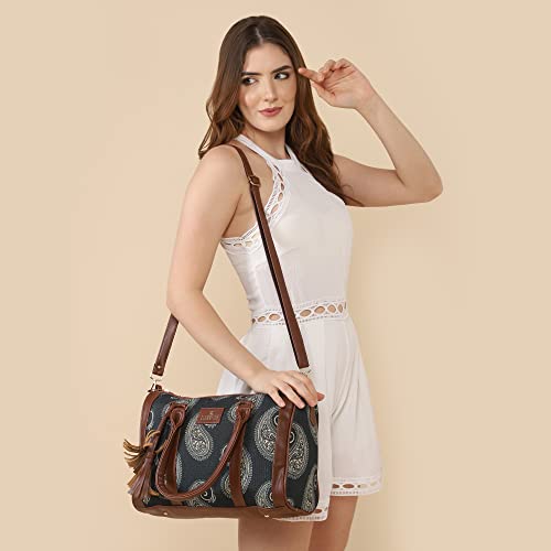 THE CLOWNFISH Lorna Printed Handicraft Fabric Handbag for Women Office Bag Ladies Shoulder Bag Tote for Women College Girls (Ash Gray)