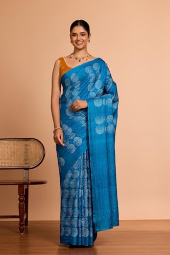 Taneira Women Blue Bengal Pure Tussar Silk Mukaish Saree with Unstitched Blouse Piece (SAIH01AC1472-Blue)