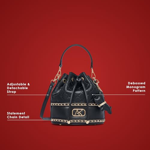 Akiki London Women's Hanwell 21 Small Bucket Bag|comes with a Dog Charm|Metal Finish|Stylish Ladies Purse|Party Handbag for Women