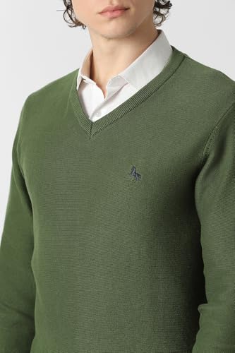 Men Olive Solid V Neck Sweater