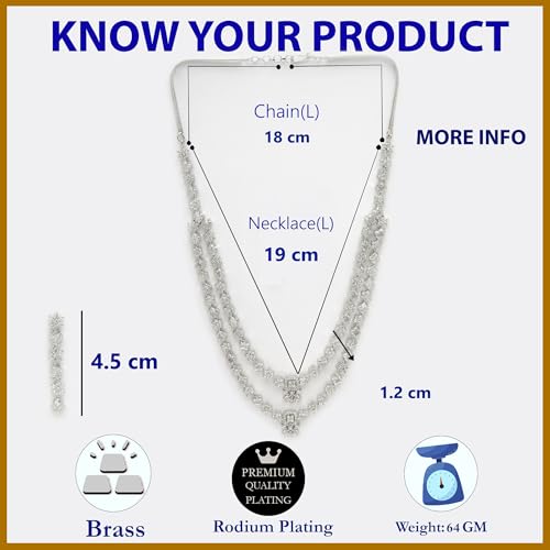 ZENEME Rhodium-Plated American Diamond Studded Star Shaped Layered Necklace With Earrings Jewellery Set For Girls and Women (White)