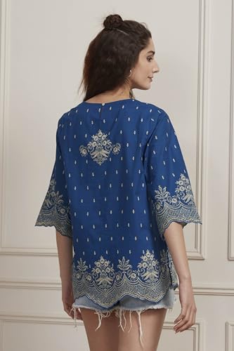 Biba Women Blue Cotton Straight Short Kurti_34