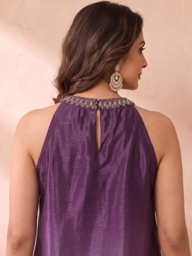 Varanga Women Purple A Line Kurta Set Sleeveless Mirror Work