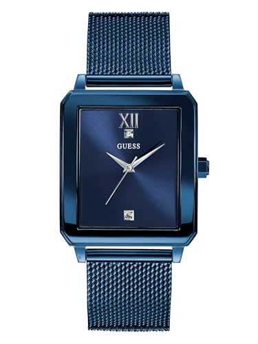 GUESS Rectangular Stainless Steel Blue Ionic Plated Mesh Bracelet Watch Genuine Diamond Dial. Color: Iconic Blue (Model: U1074G2)