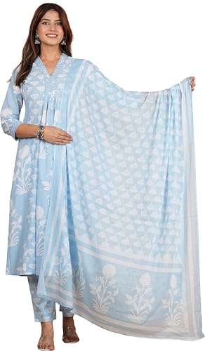 Yash Gallery Women's Cotton Calf Length V-Neck 3/4th Sleeves Botanical Floral Print Regular Fitted Mirror Work Anarkali Kurta With Pant & Dupatta (Blue, 8XL)