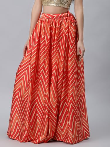 studio rasa Satin Chevron Print Bias Skirt for Wedding Festive Party (SKTC421RC19M_Red_Medium)