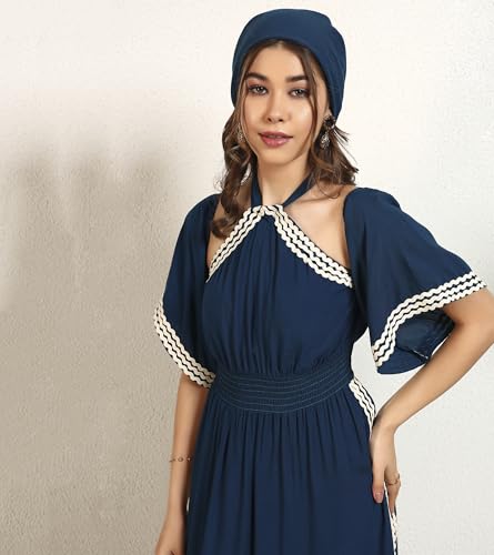 DEEBACO Women's Solid Rayon Slit Ankle Length A-Line Dress|Sleeveless|Halter Neck|Casual Trending Fashion Long One Piece Dresses Women Western(DBDR00002287_M_Teal Blue)