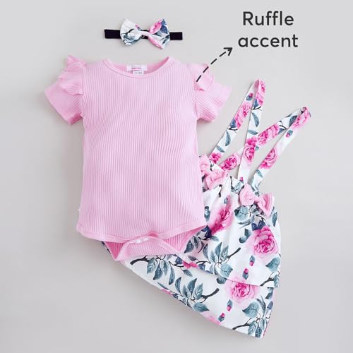 Hopscotch Baby Girls Cotton Floral And Spandex Overall Set In Peach Color For Ages (0-3 Months)