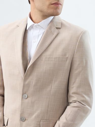 Park Avenue Men Slim Fit Solid Pattern Terry Rayon Blend Notch Lapel Full Sleeve Ceremonial Suit Fawn
