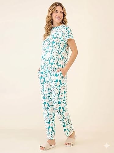 HEY FUN Women's Summer Bloom Floral Print Co Ord Set Soft Comfortable Matching Top and Bottom Casual Lounge Wear Relaxed Fit Two Piece Outfit for Home Daily Wear Travel and Indoor Use