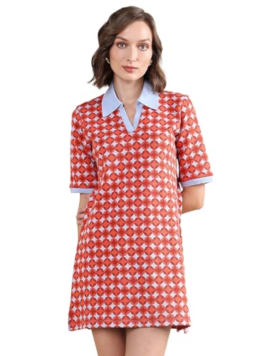 Rareism Women's Cotton Ribbed Collar Geometric Print Midi Relaxed Fit Dress