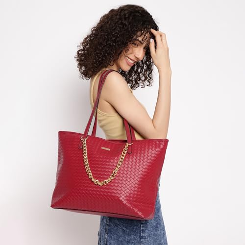 Fastrack Textured Oversized Structured Tote Bag for Women, Girls and Ladies | Fits Upto 15" Laptop with a Unique Gold Metal Chain Accent | Totes for Casual Carry | With Spacious Zipper Compartment