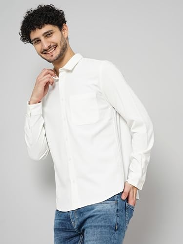 Celio Mens Solid Off-White Regular Shirt