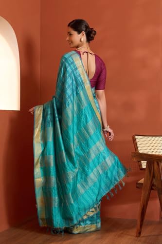 Taneira Women Blue Bhagalpur Woven Pure Tussar Silk Saree with Unstitched Blouse Piece (SAPH01AB1307-Blue)