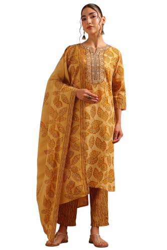 Soch Womens Mustard Cotton Blend Digital Printed Botanical Block Print Salwar Suit