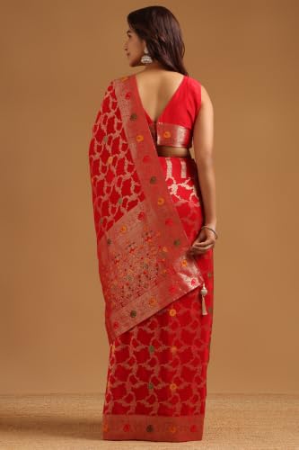 Soch Womens Red Crepe Botanical Zari Woven Saree