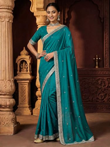 AKHILAM Women's Light Blue Vichitra Silk Embellished Saree With Unstitched Blouse Piece (GOPI4401_AI)