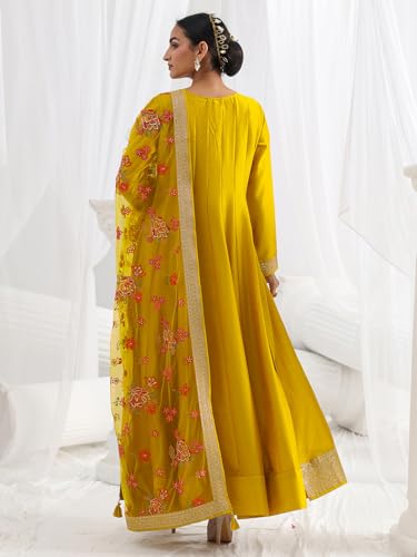 Libas Embroidered Silk Blend A Line Ethnic Dress with Dupatta | Occasion Gown Mustard