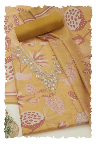 Soch Womens Yellow Tissue Shimmer Botanical Print Unstitch Dress Material With Sequins