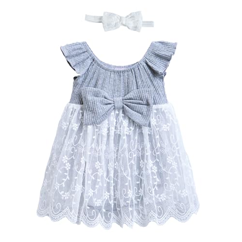 Hopscotch Girls Ruffled Sleeves Grey Pure Cotton Embroidered Dress with Headband (6-9 Months)