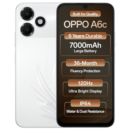 Oppo A6c 4G (Feather White, 4GB RAM, 64GB Storage) | 7000mAh Long-Lasting Battery | 120Hz Ultra Bright Display | IP64 Protection | 13MP Camera-with No Cost EMI/Additional Exchange Offers
