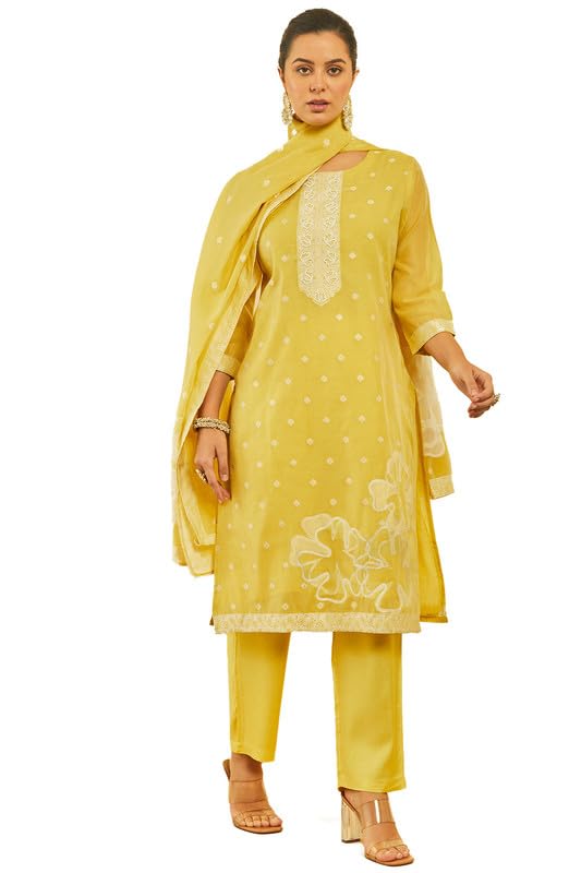 Soch Womens Yellow Chanderi Woven Design Suit Set