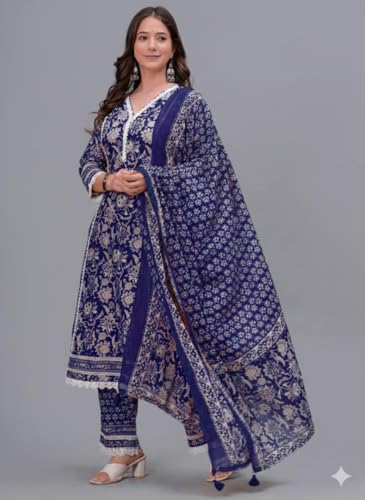 Amayra Women's Pure Cotton Printed Straight Kurta Set with Palazzo Pants & Dupatta- Ethnic Wear, Blue(TCK621,XXL)