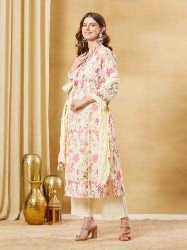Divena White Cotton Floral Kurta Sets With Dupatta