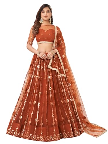 Zeel Clothing Womens Net Lehenga Choli Semi-Stitched Brown Wedding Bridal Free Size