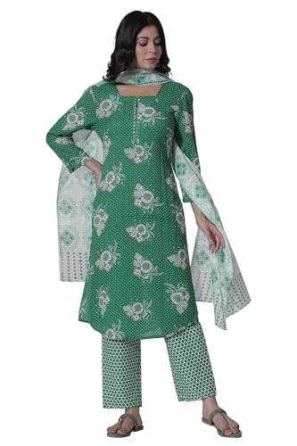 W for Woman Green Floral Printed Straight Kurta, Pants with Dupatta Set_24ONWS10616-123032_3XL