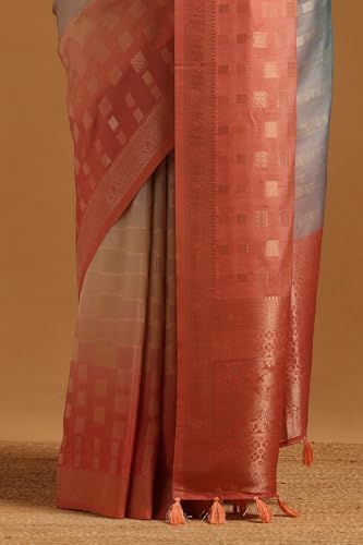 Soch Womens Light Pink Tussar Checked Saree With Zari Work